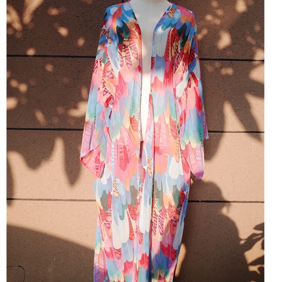 CLEARANCE Bright Multi Color Feather Sheer Kimono Coverup - Picture 3 of 5